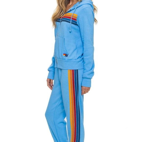 Aviator Nation Light Blue Zip-Up Hoodie with Multicolor Chest Stripes - Picture 4 of 9